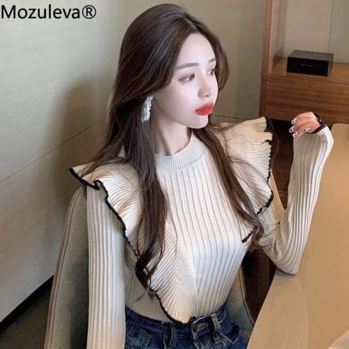 Mozuleva 2020 Sweet O-neck Ruffles Women Knitted Sweater Autumn Winter Warm Slim Long-sleeved Female Pullover Jumpers Vestidos