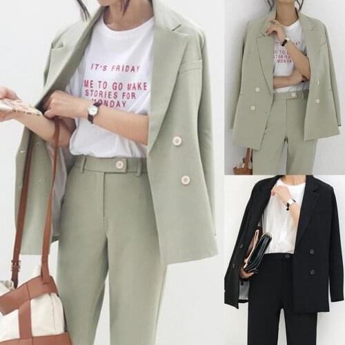 Vintage Autumn Winter Thicken Women Pant Suit Light Green Notched Blazer Jacket & Pant Office Wear Women Suits Female Sets