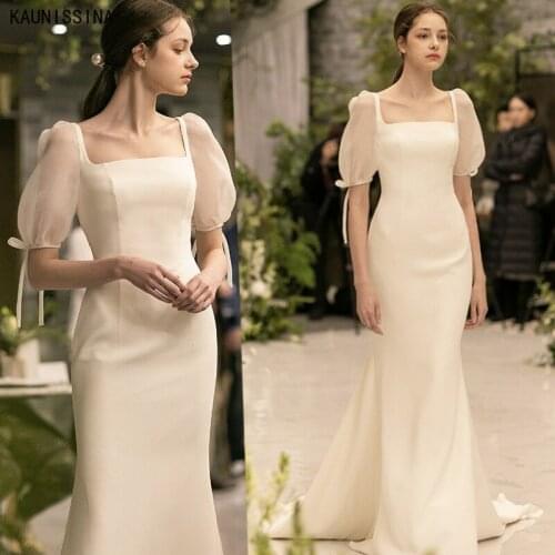 KAUNISSINA Satin Wedding Dress Mermaid Square Collar Vestido De Noiva Short Sleeve Buttons Court Train Simple Bridal Gowns