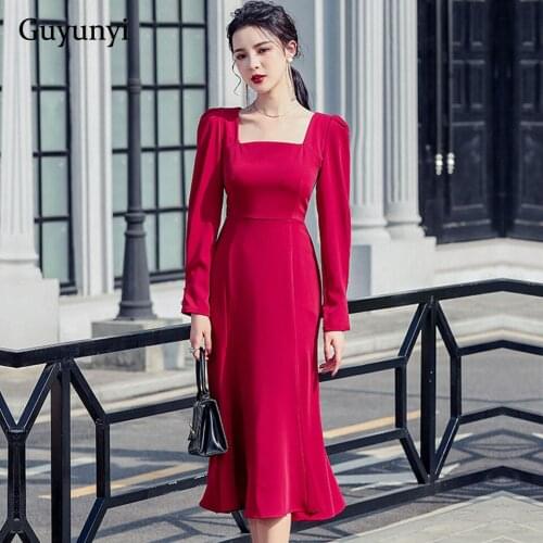 Elegant Party Dress 2021 Autumn Plain Square Collar High Waist Simple Loose Hem French Vintage Temperament Womens Dresses