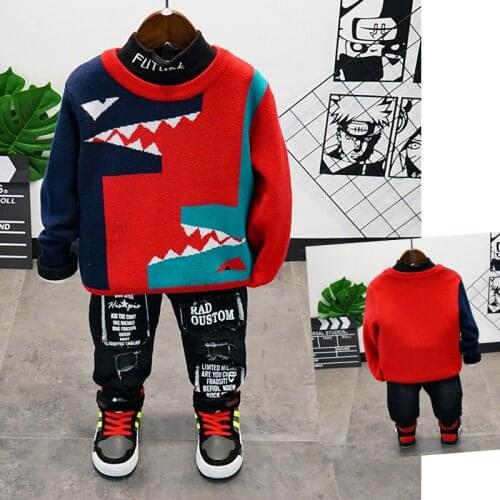Winter Suits For Boys Fashion Cartoon Baby Sweater Suit Toddler Boys Cartoon Sweater Plus Velvet Pants Thicken Tshirt 3 Pcs Set
