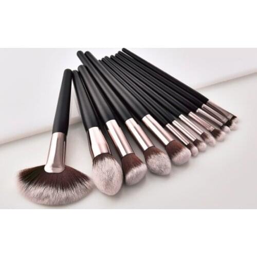12pcs black rosegold makeup brush set private label wooden handle synthetic hair wholesale make up brush