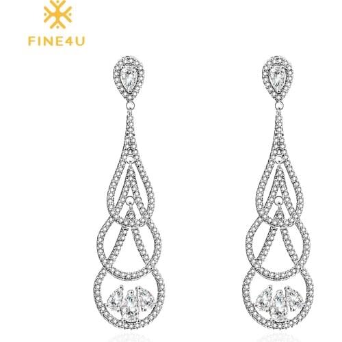2018 New Fashion FINE4U E028 High Polished Drop Earrings Paved with Cubic Zirconia Earrings For Women Wedding Party Jewelry