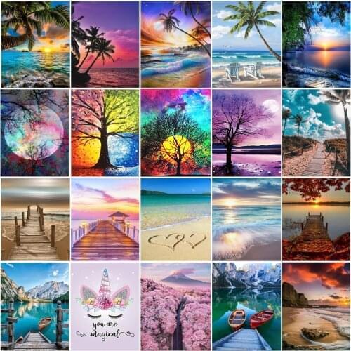 Handmade 5D diamond painting seaside landscape full circle diamond embroidery painting rhinestone sunset mosaic wall home decora