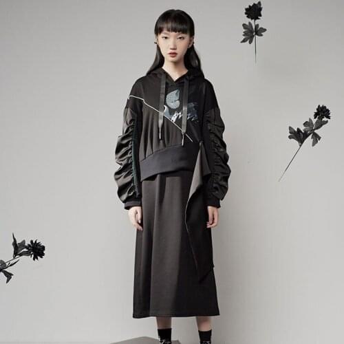 Black retro female Hooded dress design mid-calf length k023