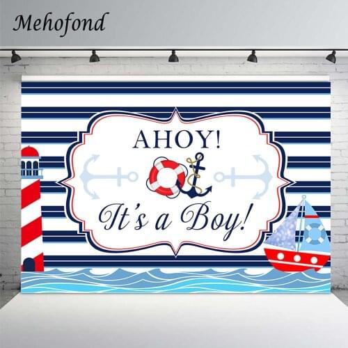 Mehofond Photographic Background Ahoy Boy Baby Shower Blue Stripe Boat Navy Sailor Birthday Party Decor Photo Backdrop Photozone