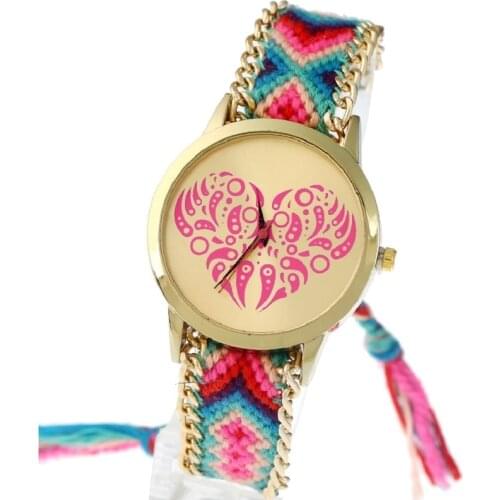 Gnova Platinum Heart Watch Women Rainbow Braided Indian Style Ethnic Hippie Lace Golden Chain quartz wristwatch A707
