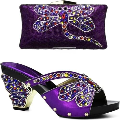 Purple Color Italian Shoes and Bags To Match Shoes with Bag Set Decorated with Rhinestone Shoe and Bag Set for Party In Women