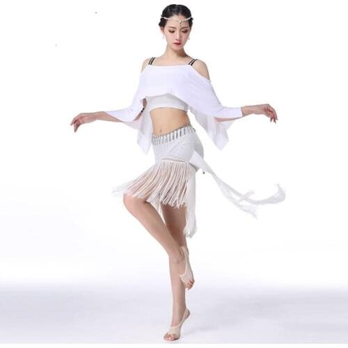 Ballroom Dance Costume Dress Latin Rumba Tango Outfits Training Suit Top+Tassel Skirt