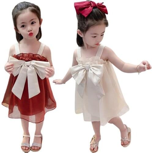 Red Sleeveless Gown Age For 2 - 8 Years Baby Girls Beige Vintage Christmas Evening Dress 2021 New Summer Big Bow Kids Frocks