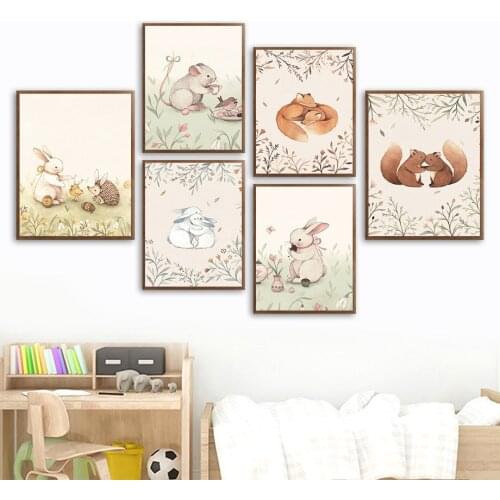 Fox Squirrel Rabbit Hedgehog Mouse Hug Flowers Wall Art Canvas Painting Nordic Posters And Prints Wall Pictures Kids Room Decor