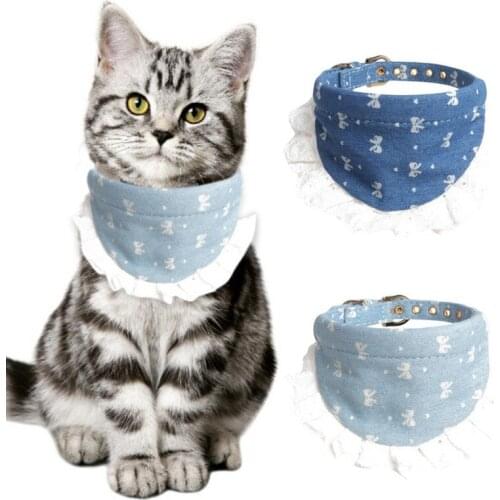 Cute Pets Cat Collars Leather Denim Lace Saliva Towel for Cats Small Dogs Necklace Bandana Pet Leashes
