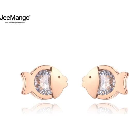 JeeMango Titanium Stainless Steel Cute/Romantic Small Fish Earrings CZ Crystal Animals Earrings Jewelry For Women Girls JE19159