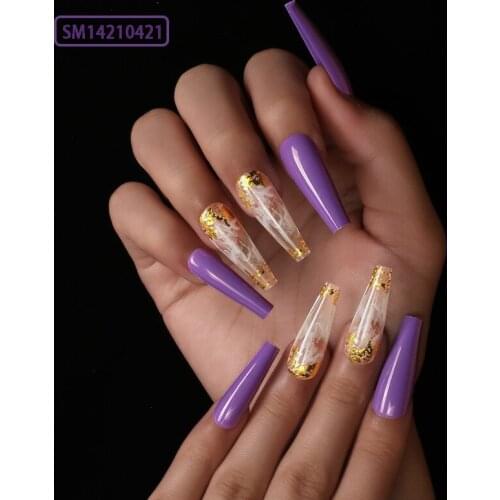 24pcs Fake Nails With Glue Purple Coffin Type Glitter Removable Long Paragraph Fashion Manicure False Nail Press On With Designs