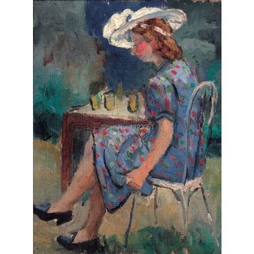 Portrait paintings Chinese paintings contemporary artist masterpiece posters canvas prints white sun hat girl in the chair