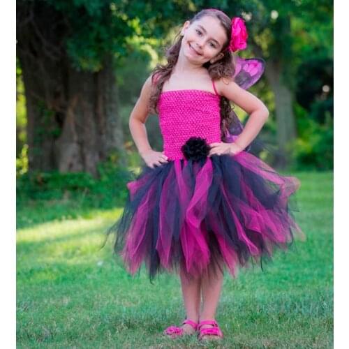 Girls Pink Tutu Dress Baby Crochet Corset Tulle Dress with Flower Headband and Butterfly Wing Kids Halloween Party Costume Dress