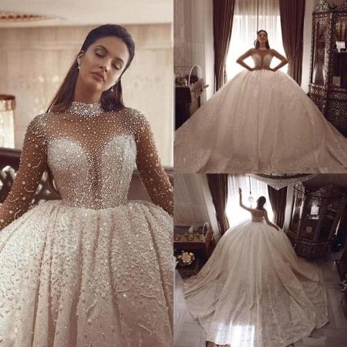 Luxurious Beading Ball Gown Wedding Dresses Long Sleeves Crystal High Collar Plus Size Arabic Bridal Gowns Vintage Robe De Marie