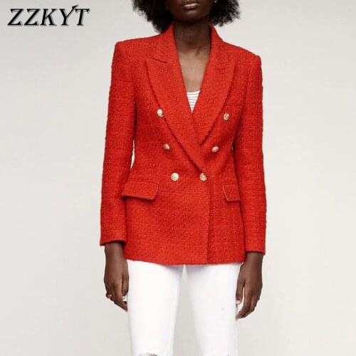 ZZKYT 2021 Women Spring Fashion Red Double Breasted Jacket Coat Vintage Lapel Collar Pockets Office Lady Female Outerwear Tops