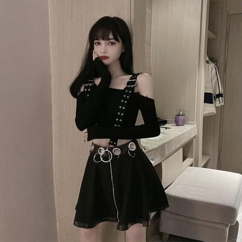 WOMENGAGA autumn Slash Neck Long Sleeve black Hot Sexy Off Shoulder Double buckle Strap Slim T-shirt Women Dl23