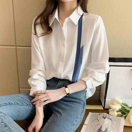 2021 Spring and Autumn New Casual Lapel Shirt Office Ladies Stitching Chiffon Shirt Button Down Shirt Long Sleeve Blouse
