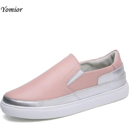 Yomior New Spring Real Cow Leather Women Casual Shoes Slip-On Lady Loafers Flats White Pink Black Breathable Sneakers Moccasins