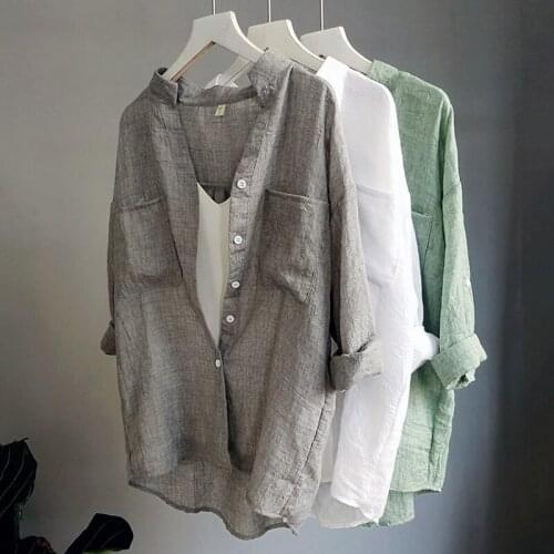 Cotton and Linen Women Shirts 2021 Summer New Solid V-neck Pocket Half Sleeved Loose Casual Shirts Outwear Coat Tops