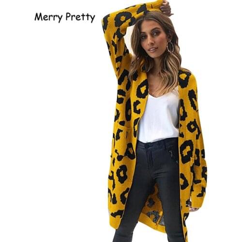 Merry Pretty Autumn Long Cardigan Women Christmas Knitted Sweater Leopard Print Long Sleeve Pocket Knitwear Outerwear Jumpers