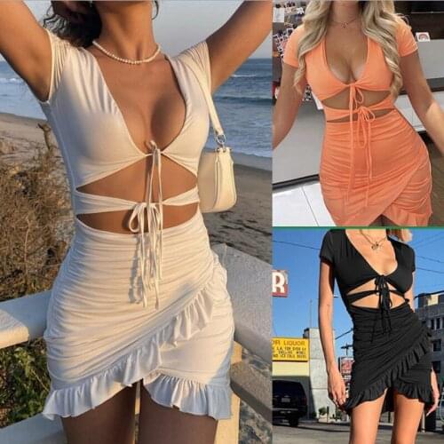 Hollow Out Dress Short Sleeve Solid Womens Dark V Collar Lotus Leaf Edge Tight Sexy Irregular Skirt Summer 2021 Sheath