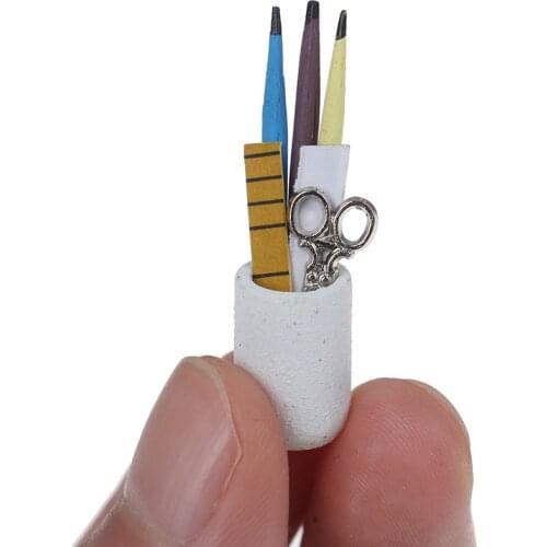 1:12 Dollhouse Miniature Pen Cup Holder with Pencil Ruler Scissor