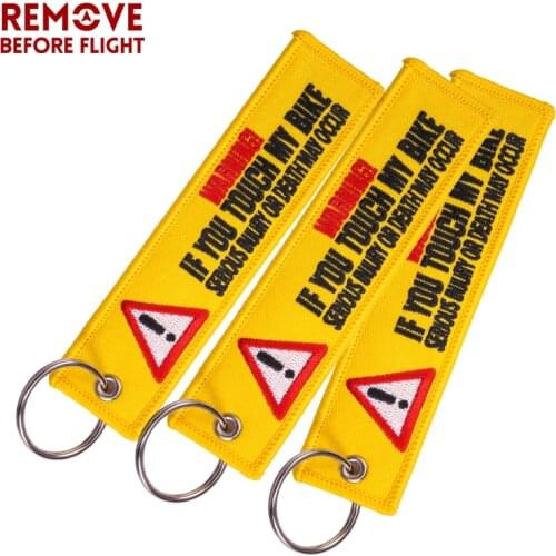 3PCS Remove Before Flight Warning Keychain Tag Keychains for Motorcycles and Cars Key Tag Embroidery Yelloew Danger Key Rings