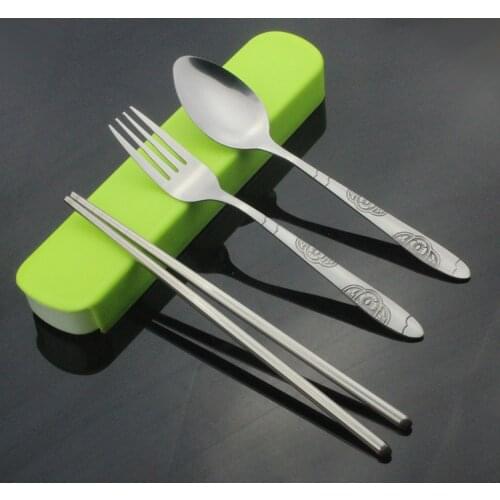 3pcs/set 3 in 1 Cutlery Set Spoon Fork Travel Chopsticks Stainless Steel Tableware Kits with Platic Box Dinnerware Set KV 081