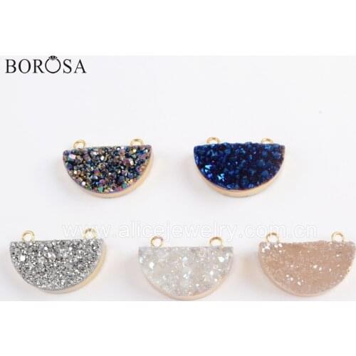 BOROSA 5PCS Crescent Gold Plating Natural Agates Titanium Rainbow Druzy Connector Semicircle Drusy Double Charms Jewelry G1722