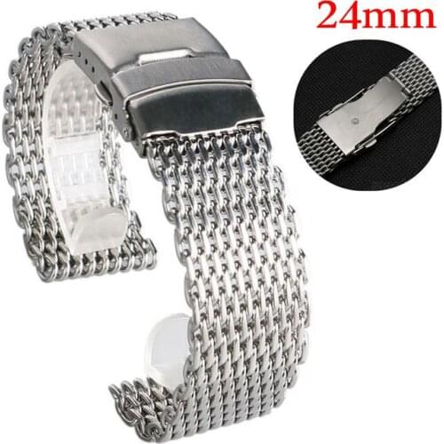NEW ARRIVAL 24mm Width Silver Mesh Stainless Steel Watch Strap Fold Over Clasp With Safety With 2 Spring Bars GD010724