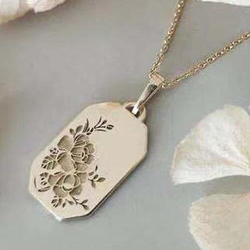 Fashion Gold Plated Color Square Engraving Flower Floral Pattern Long Chain Pendant Necklace for Women Party Jewelry