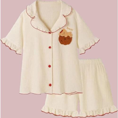 Cotton Womens Pajamas Girls Kawaii Suits Summer 2021 Home Clothes Funny Bear Embroidery Pyjama Set 2 Pieces Pijama Loungewear