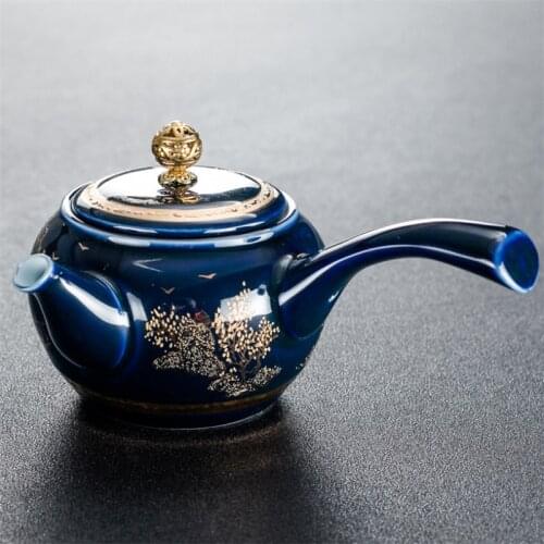 Ceramic Blue Glaze Tea Pot Household Kettle Hand-painted Gold Enamel Color Tea Bowl with Cover and Saucer Kung Fu Gaiwan Tea Set