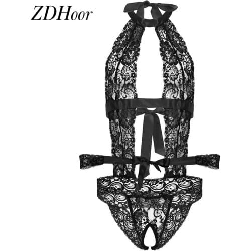 Mens Exotic Bodysuit Nightwear Sheer Lace Lingerie Halter Neck Backless Hollow Out Jumpsuit Men Sissy Sleepwear with Braceletscc