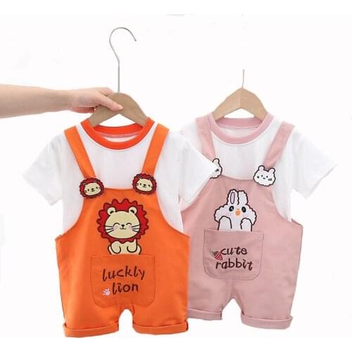 1-5 Years Cute Lion Rabbit Summer boys And Girls Clothing Set 2021 New Style Pure Cotton Shirt + Overalls 2pcs Suit For Kids