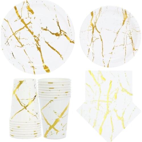 Marble Bronzing High-end Graffiti Paper Plate Wedding Birthday Party Set Afternoon Tea Decoration Cup Disposable Tableware 8pcs