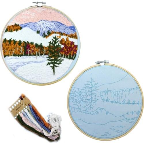 Landscape DIY Embroidery Kit Flower Pattern Printed Cross Stitch Embroidery Hoop Needlework Sewing Art Painting Home Decor