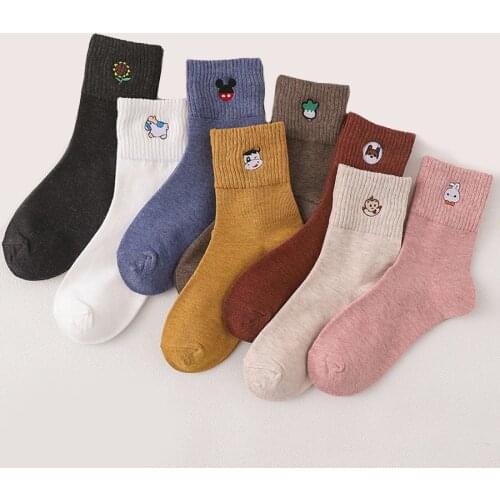 Cotton Women Socks Funny Embroidery Pattern Fruit Cartoon Food Animals 8 Solid Colors Black White Pink Beige Casual Short Style