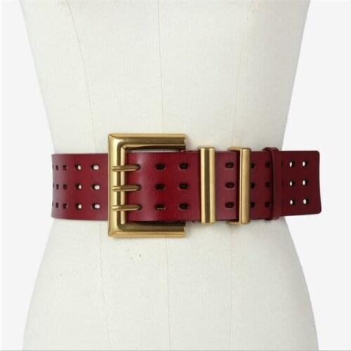 2019 Belts for Women Cowhide Hollow Decoration Wide Girdle High Quality Luxury Leather Retro Square Buckle Women Belts