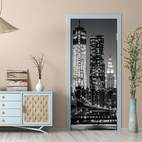 Gray City Buildings Self Adhesive Door Sticker Street Wallpaper Living Room Bedroom Door Mural Sticker Wall Decals Modern Design