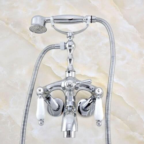 Silver Polished Chrome Brass Wall Mounted Dual Ceramic Handles Clawfoot Bathtub Faucet Handshower - Adjusts From 3-3/8" aqg403