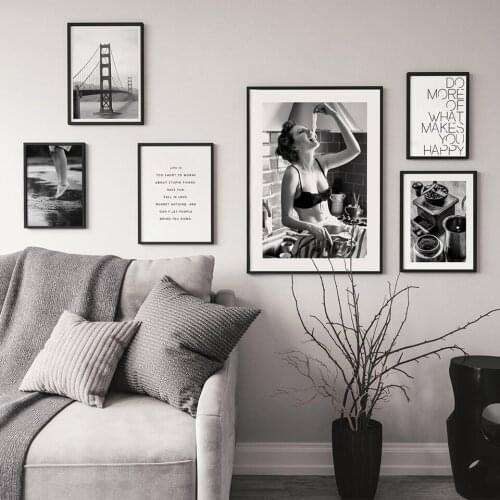 Nordic Sexy Women in Kitchen Art Canvas Painting Posters And Prints Black White Life Quotes Wall Pictures For Living Room Decor