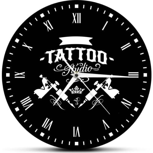 Tattoo Studio Tattoo Machine Modern Wall Clock Tattoo Salon Shop Decoration Black Round Clock Watch Hipster Men Tattooist Gift