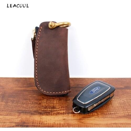 Vintage Car Key Case Keys Pouch Genuine Leather KeyChain Unisex Key Bag Multifunction Organizer Wallet Holder Smart Housekeeper