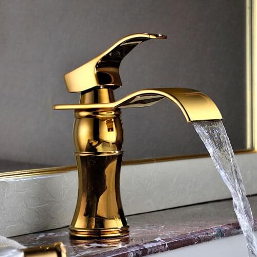 High quality brass gold finished bathroom sink waterfall faucet golden basin Hot and cold water mixer tap faucet--MD6687