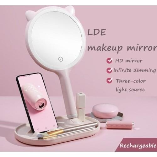 Make Up Mirror With Led Light Adjustable Touch Dimming Fill Light Mirror Desktop With Mobile Phone Holder Handheld Beauty Mirror