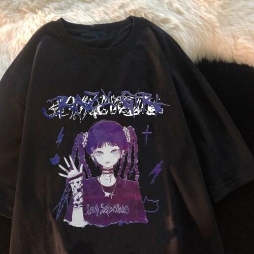 Goth Anime Tshirt Tee Aesthetic Women T-shirt Punk Grunge Streetwear Ladies Gothic Top Manga T Shirt Harajuku Clothes Y2k Female